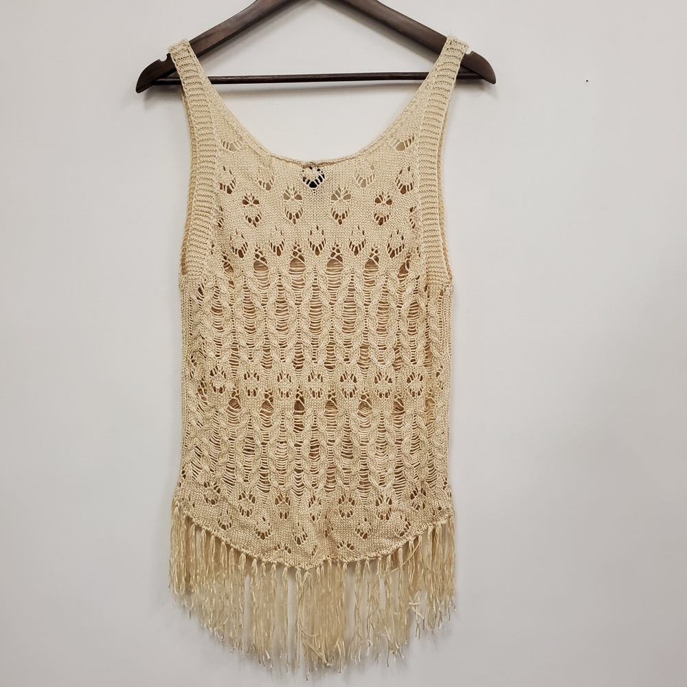 Daytrip Womens Scoop Neck Open Knit‎ Festival Boho Tank Top Size S Cream Fringe - Picture 2 of 8